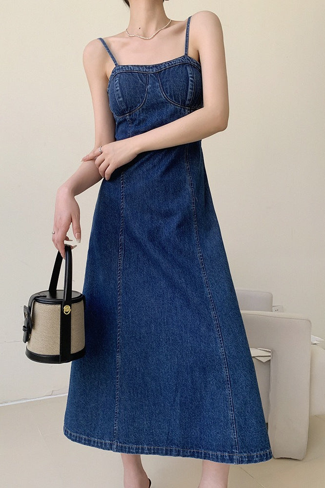 Denim Bustier Spaghetti Strap Panel Seam A-Line Midi Dress 6