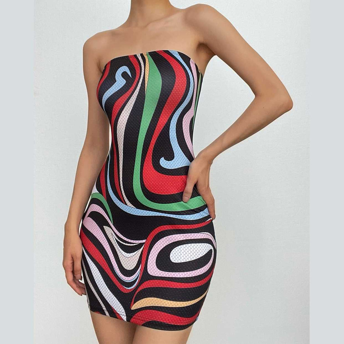 Strapless Abstract Swirl Print Mesh Bodycon Mini Dress