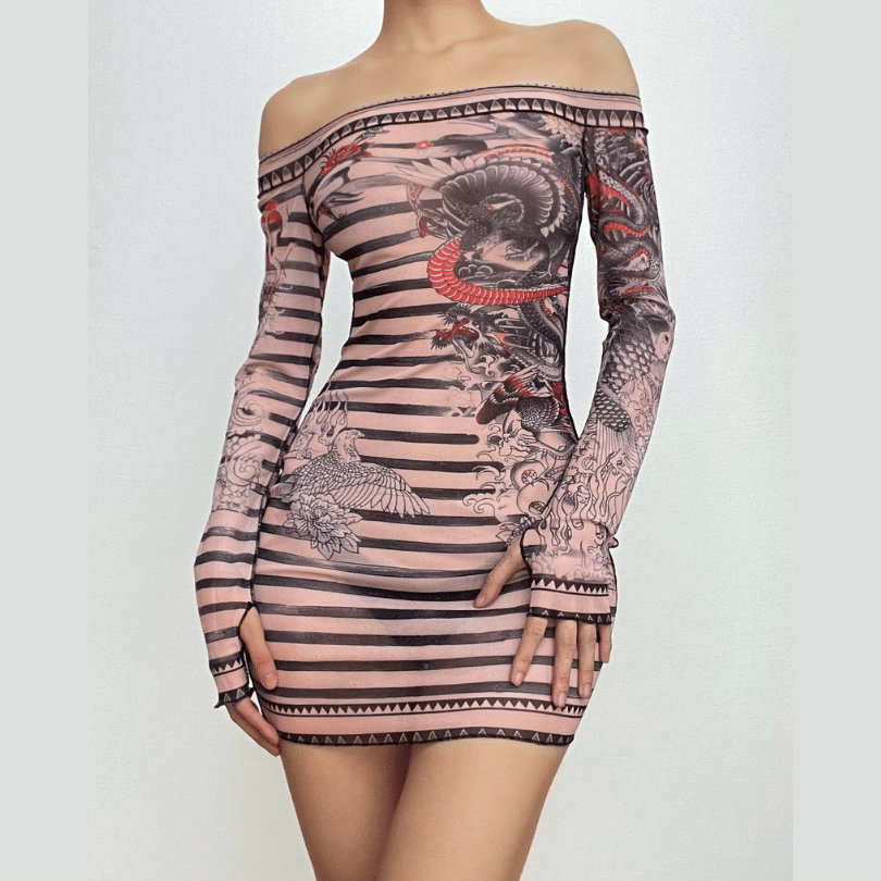 Stitch Sheer Mesh See Through Abstract Off Shoulder Mini Dress