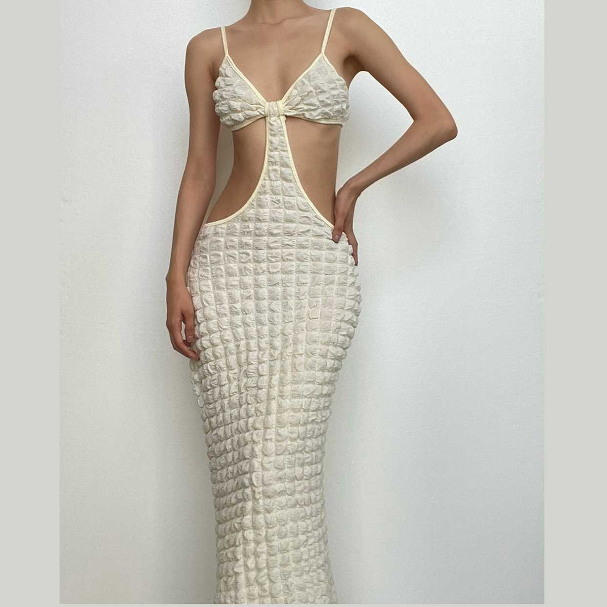 Spaghetti Strap Popcorn Knit Waist Cutout Backless Maxi Dress