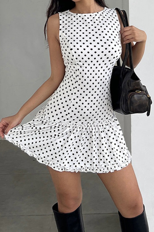 Polka Dot Round Neck Sleeveless Drop Waist Ruffle Hem Mini Dress