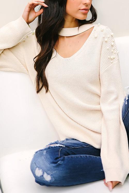 Solid Color V-neck Pearl Sweater
