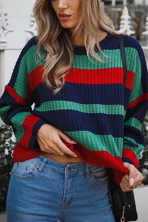 Round Neck Stitching Loose Sweater