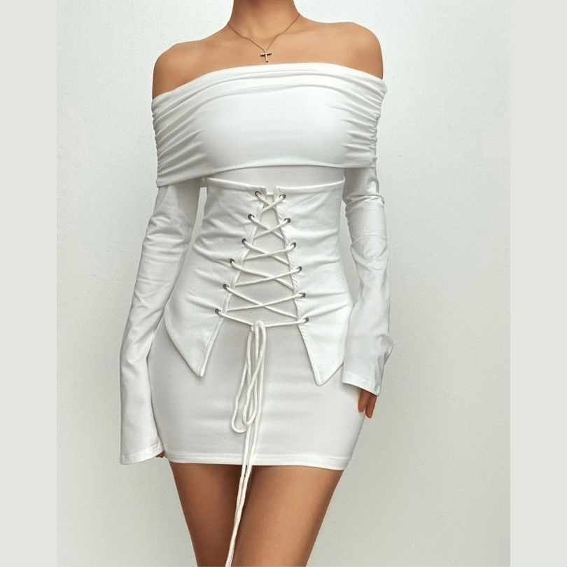 Off Shoulder Ruched Lace Up Corset Overlay Long Sleeve Mini Dress