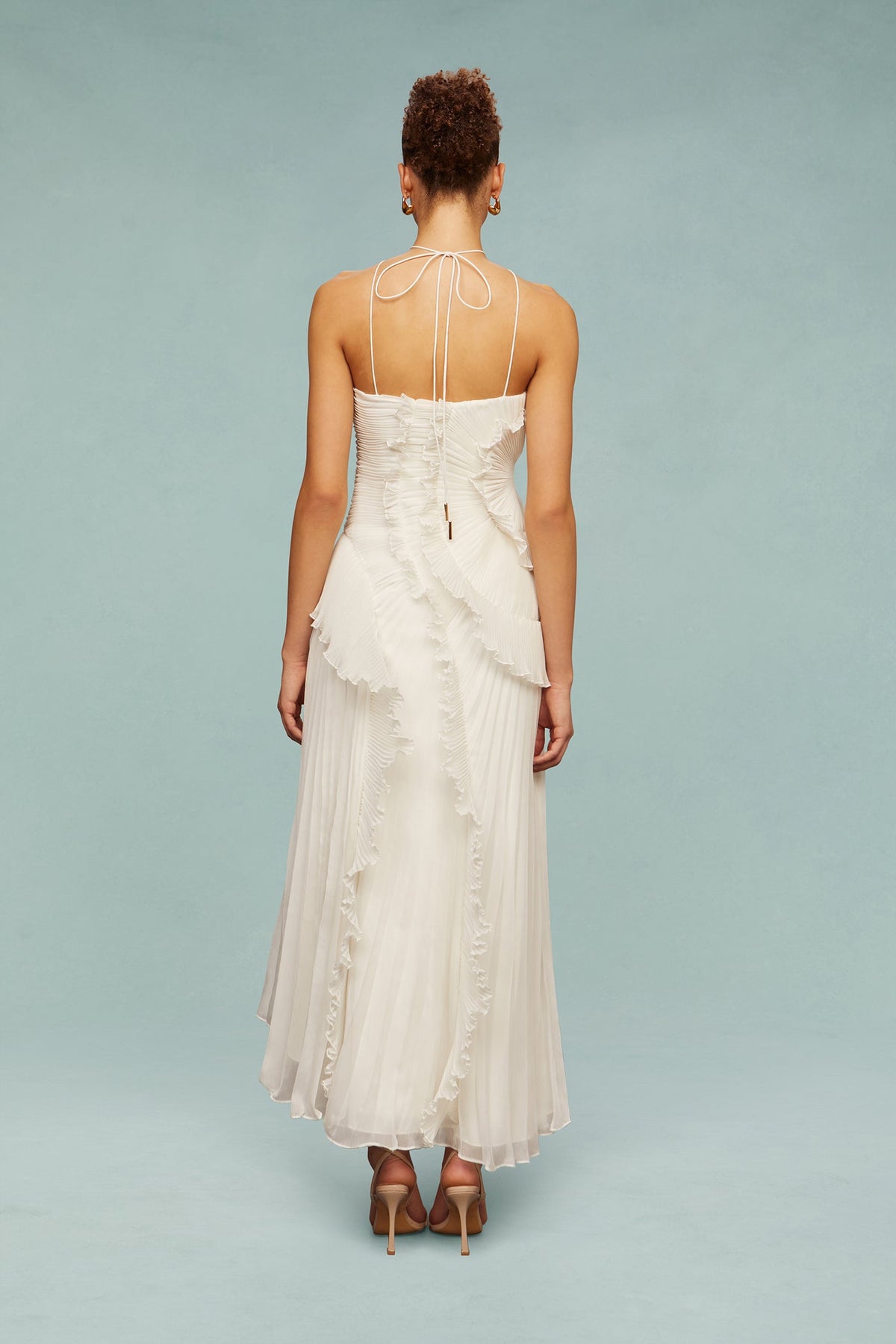 Halter Crisscross Strap Pleated Ruffle High-Low Maxi Dress 7