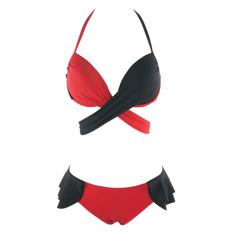 Black Red Halter Wrap Around Push Up Two Tone Ruffle Sexy Bikini
