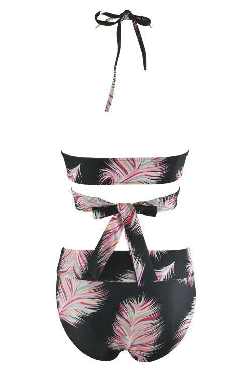 Black Padded Halter Wrap Around Feather Print High Waisted Sexy Bikini Set