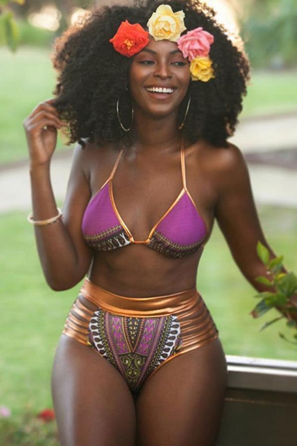 Fuchsia African Tribal Print Halter High Waisted Sexy Bikini Swimsuit