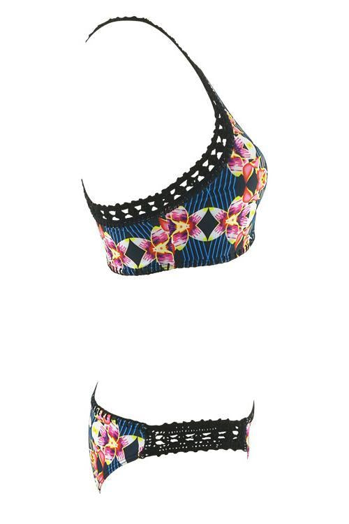 Blue Floral Tribal Print High Neck Crochet Racer Back Sexy Bikini Swimsuit