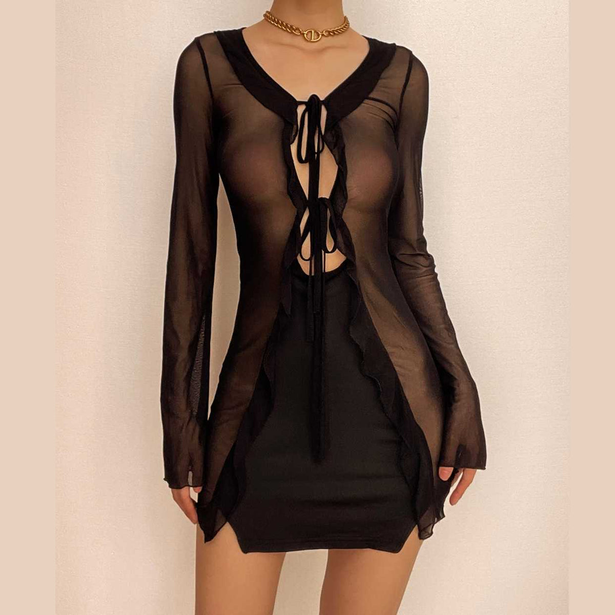Sheer Mesh Long Sleeve Tie Front Ruffled Overlay Mini Dress Set
