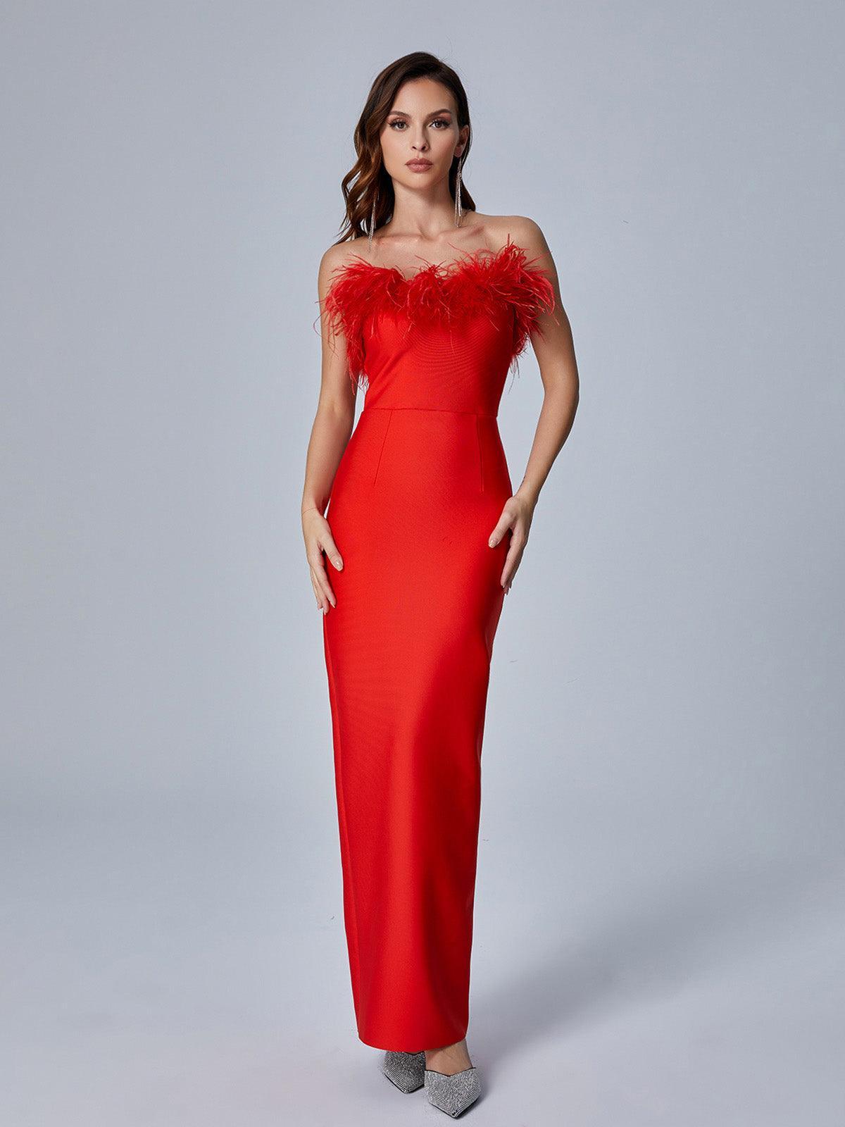 Strapless Feather Trim Column Bandage Maxi Gown