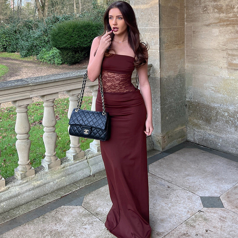 Spaghetti Strap Square Neck Lace Waist Panel Bodycon Maxi Dress 5