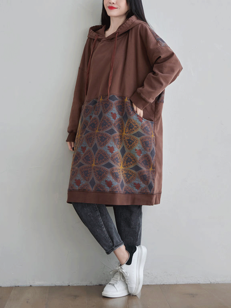 Hooded Kangaroo Pocket Geometric Print Oversized Mini Sweatshirt Dress 8