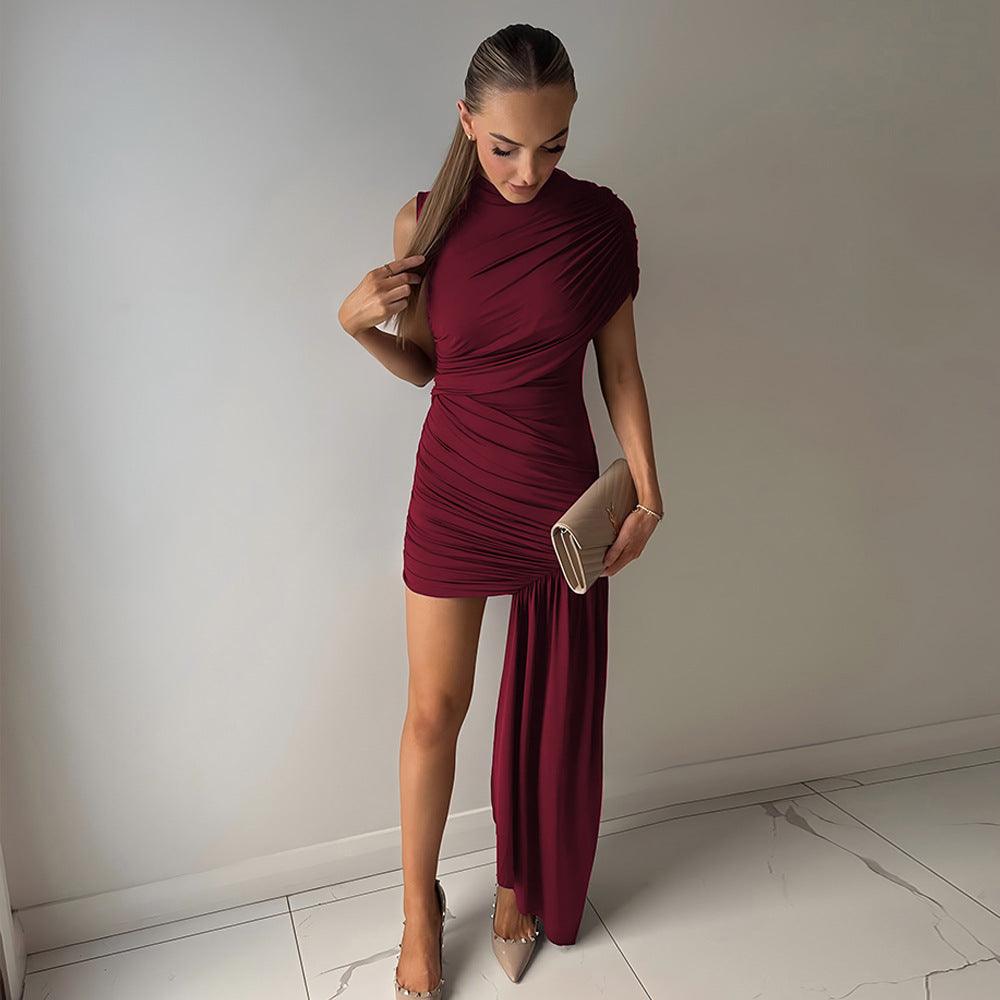 Mock Neck Asymmetric Drape Ruched Mini Dress 4