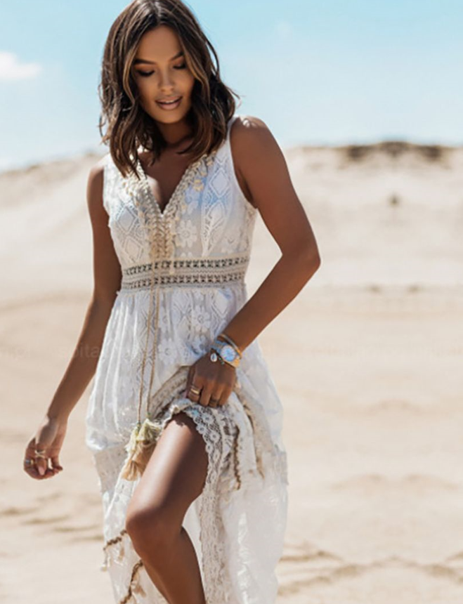 Crochet Lace Deep V-Neck Tassel Tie Tiered Maxi Dress