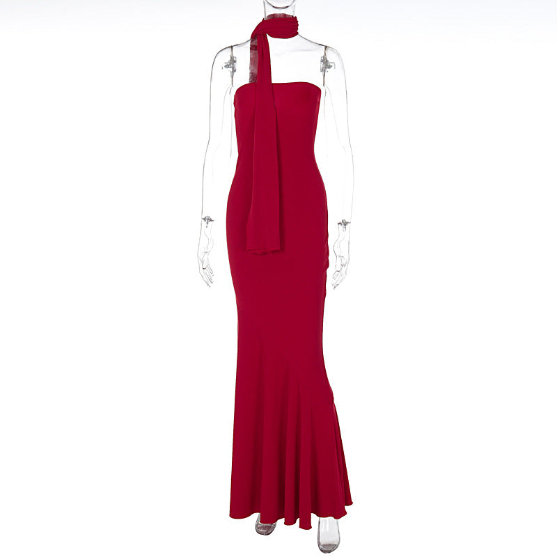 Strapless Ribbed Texture Trumpet Mermaid Matching Scarf Maxi Gown 8