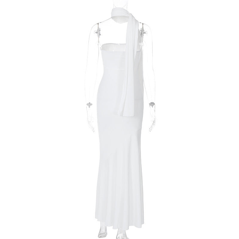Strapless Straight Bandeau Trumpet Hem Matching Neck Scarf Maxi Gown 6