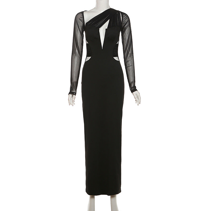 Long Sleeve Deep V-Neck Asymmetrical Mesh Cutout Waist Column Maxi Dress 8