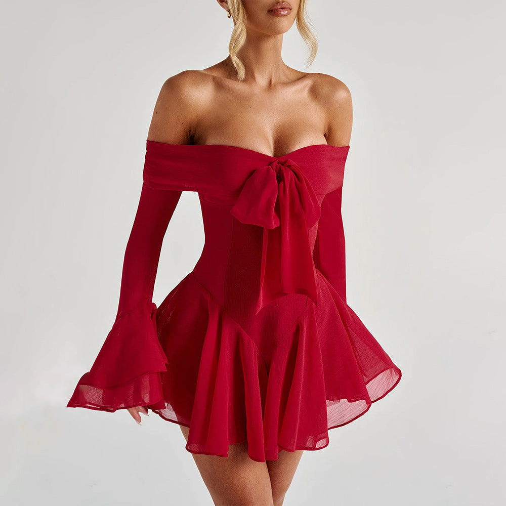 Off Shoulder Bow Front Bell Sleeve Flared Skater Mini Dress 5
