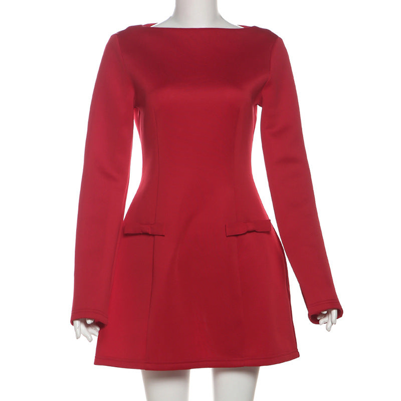 Long Sleeve Bow Pocket Structured A-Line Mini Dress 5