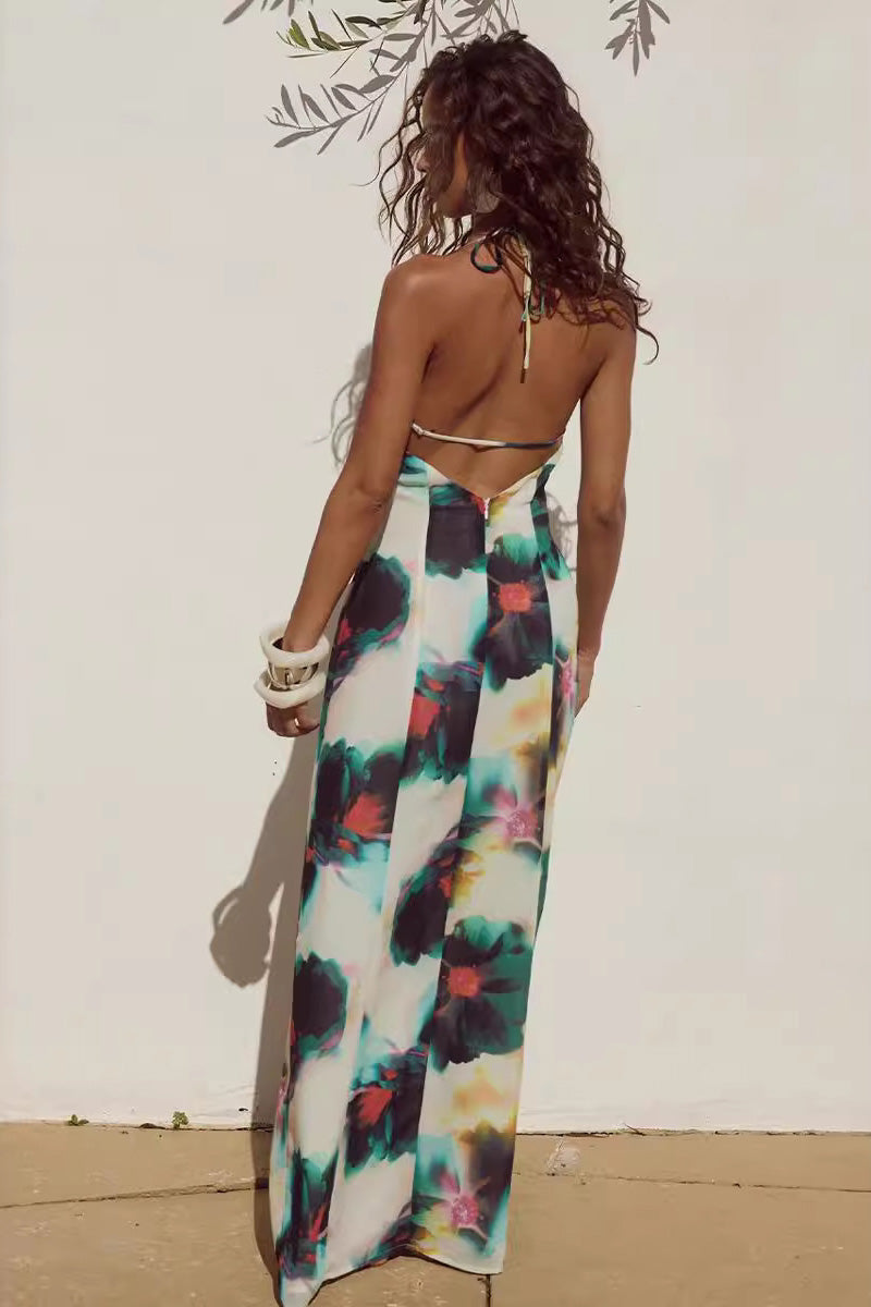 Abstract Floral Print Cowl Neck Thin Strap Bodycon Midi Dress 3
