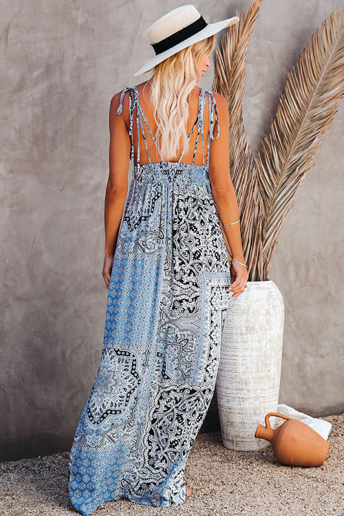 Plunge V Neck Paisley Patchwork Smocked Waist Slit Maxi Dress 2