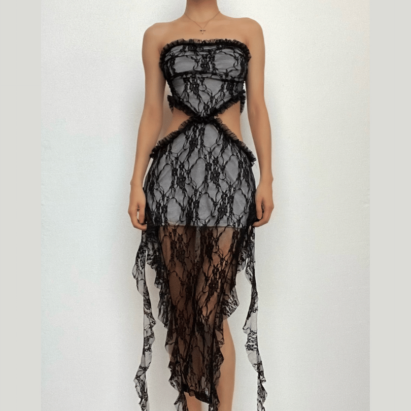 Lace Ruffle Trim Strapless Side Cutout Asymmetric Pointed Hem Midi Dress
