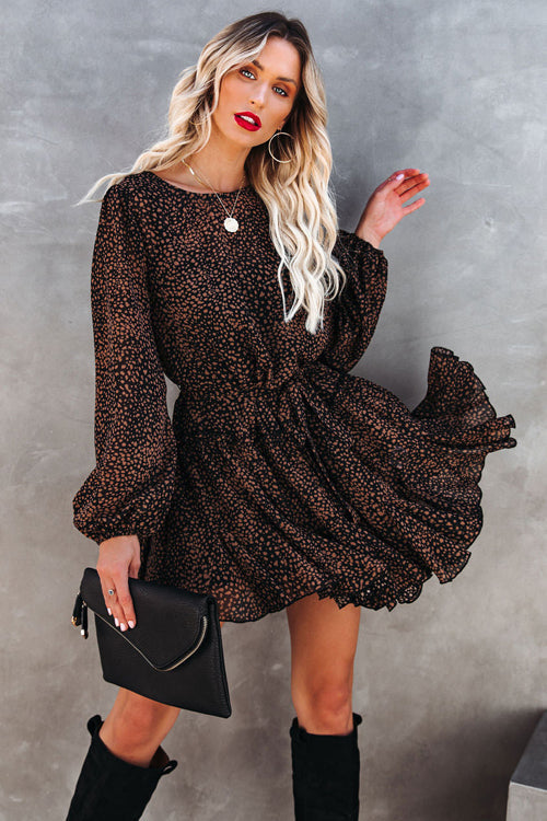 Crew Neck Balloon Sleeve Spot Print Tiered Ruffle Mini Dress 6
