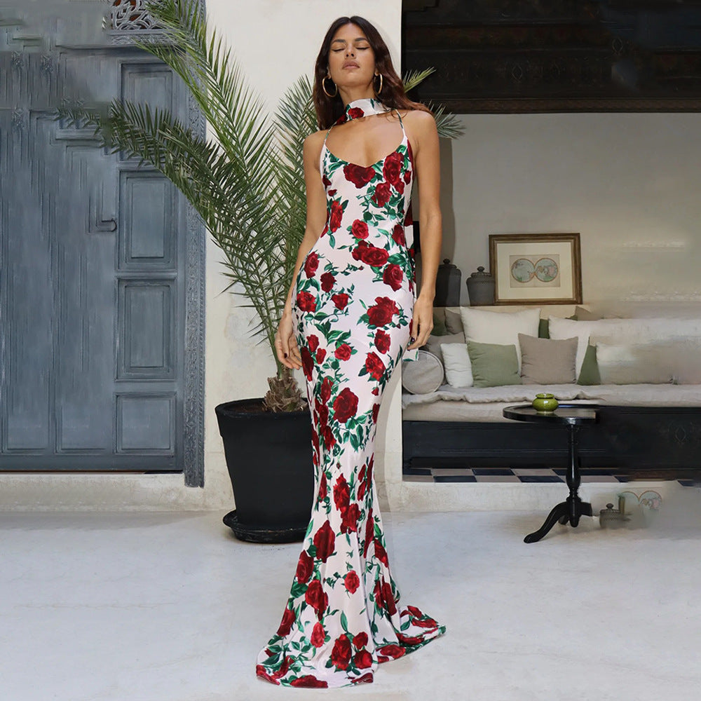 Floral Print Choker Spaghetti Strap Bodycon Mermaid Maxi Gown 4
