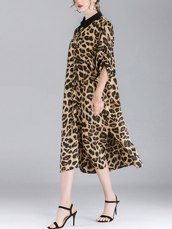 Contrasting Lapel Spotted Print Button Front High Slit Midi Shirt Dress 5