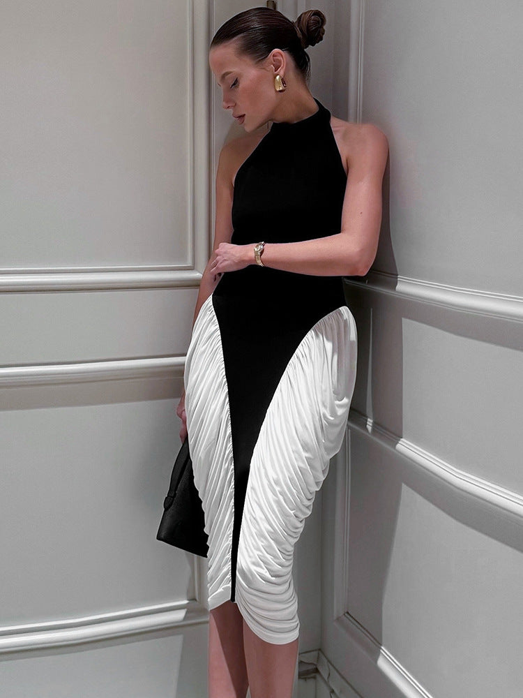 Halter Neck Contrast Panel Ruched Side Drape Midi Dress 5