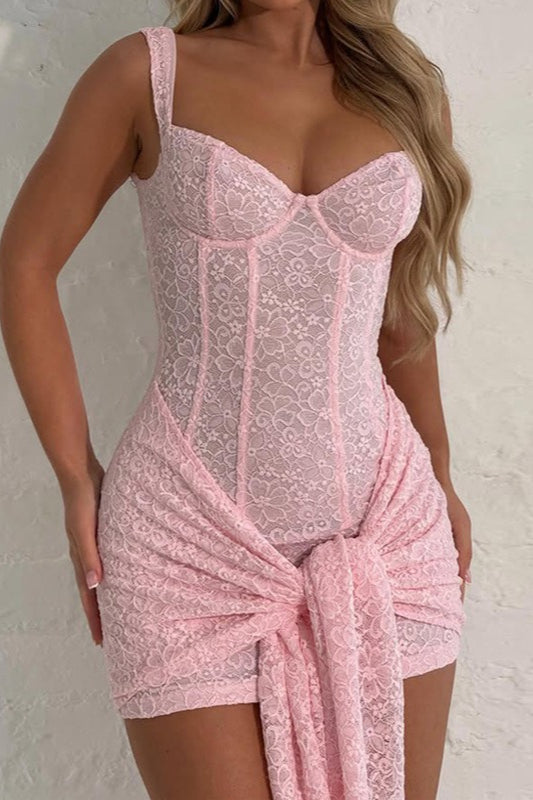 Floral Lace Bustier Corset Seam Front Knot Hip Tie Bodycon Mini Dress 4