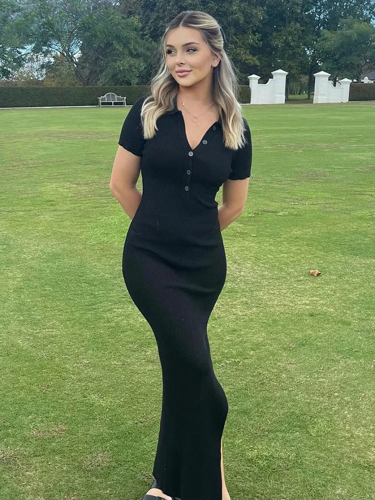 Ribbed Knit Polo Collar Button Placket Side Slit Maxi Dress 3