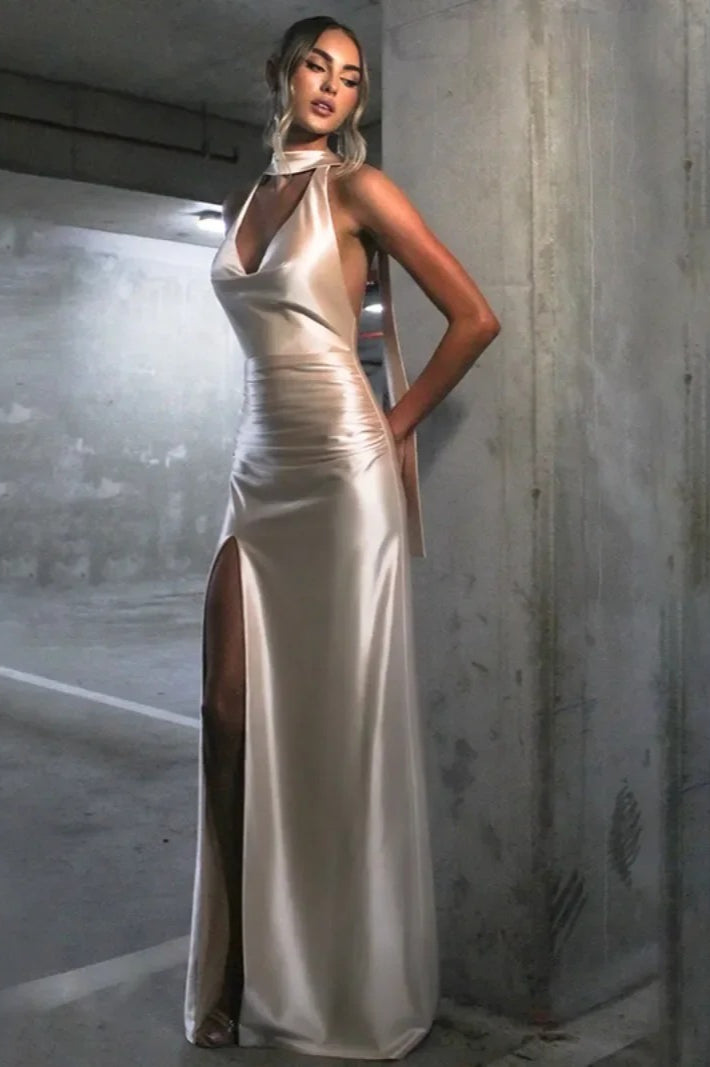 Halter Choker Cowl Plunge Ruched Waist Back Sash Thigh Slit Satin Maxi Dress 3