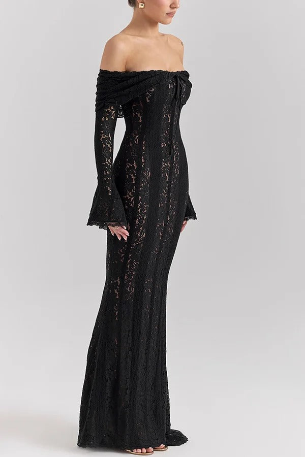 Floral Lace Off Shoulder Bell Sleeve Mermaid Maxi Dress 14