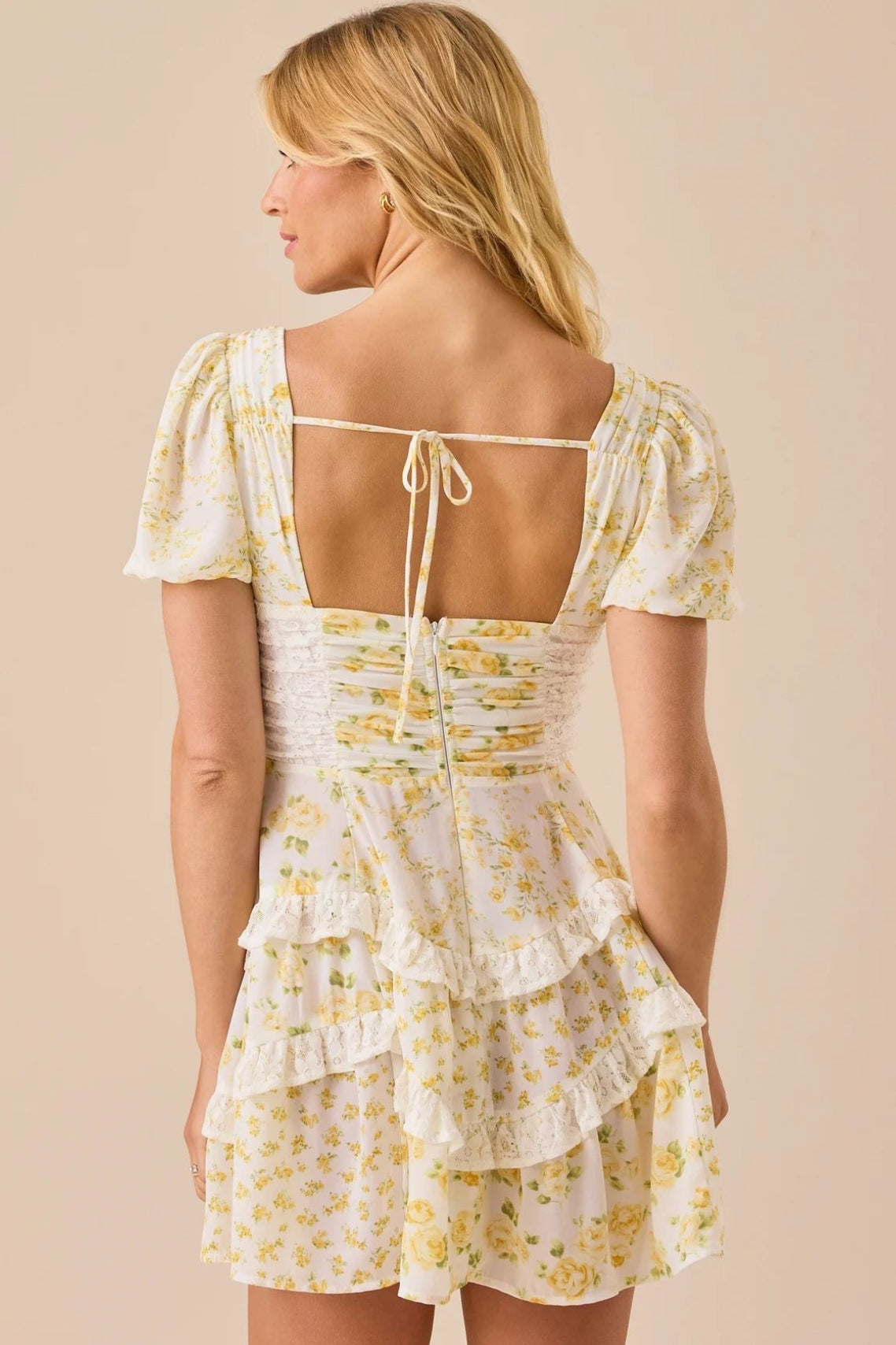 Floral Print Puff Sleeve Lace Smocked Waist Tiered Ruffle Mini Dress 18