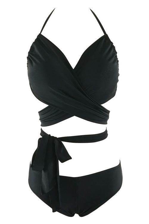 Black Strappy Halter Wrap Around Sexy Bikini Two Piece Swimsuit