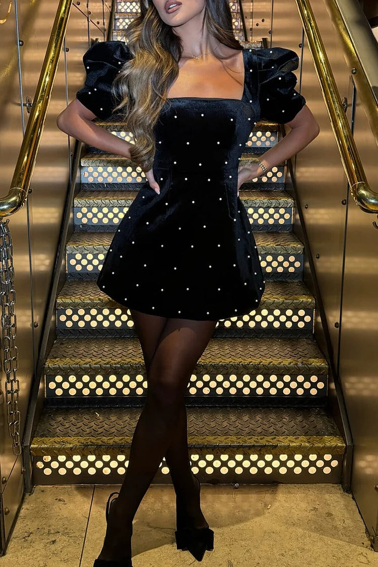 Velvet Square Neck Pearl Embellished Puff Sleeve Mini Dress 3