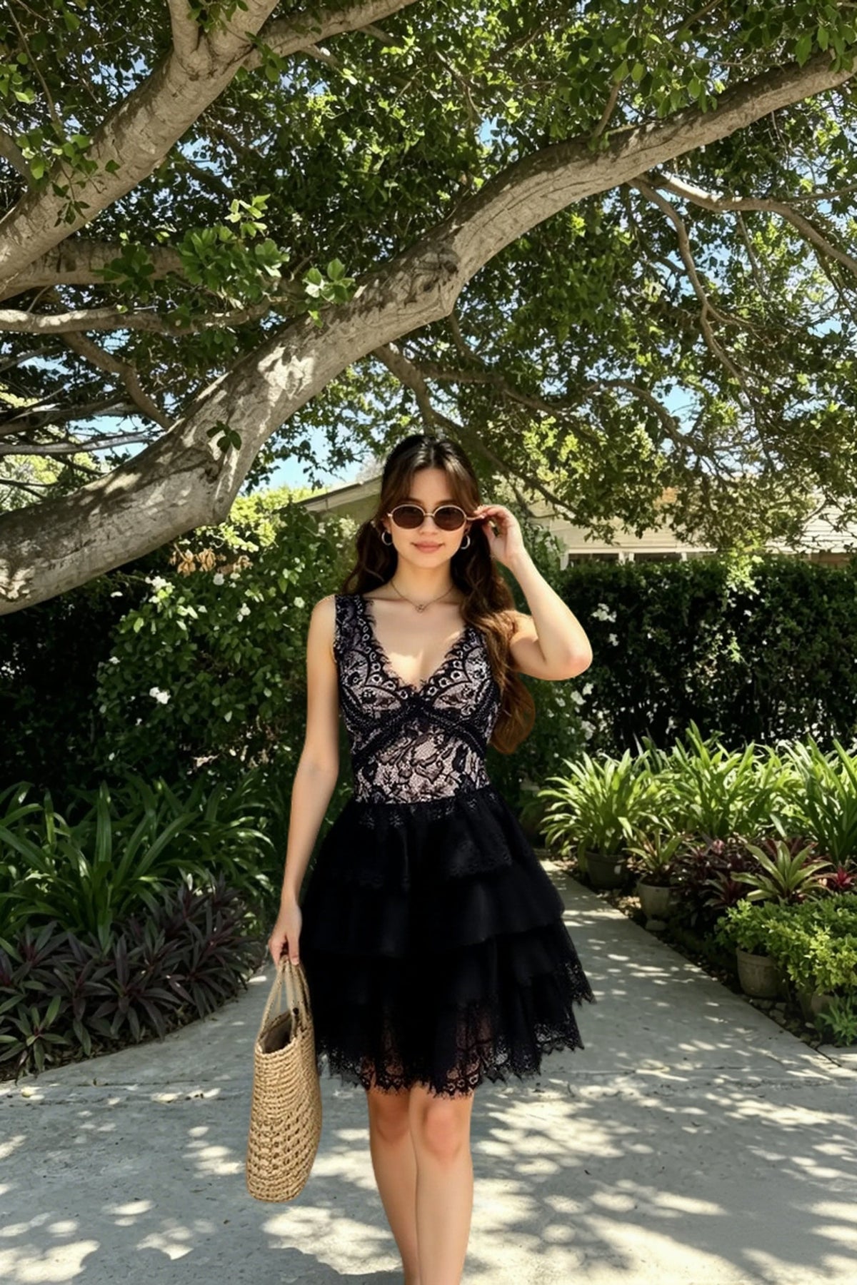 Lace Scalloped Cap Sleeve Bow Waist Tiered Tulle Handkerchief Hem Mini Dress 4