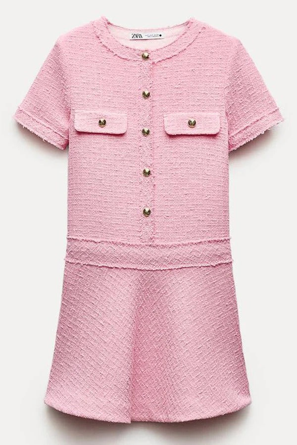 Metal Button Short Sleeve Round Neck Tweed Fit-and-Flare Mini Dress 13