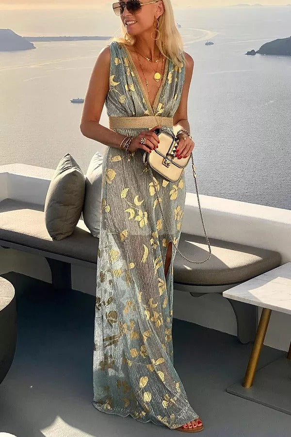 Distressed Metallic Foil Print Deep V-Neck Empire Waist Sleeveless Maxi Dress 6