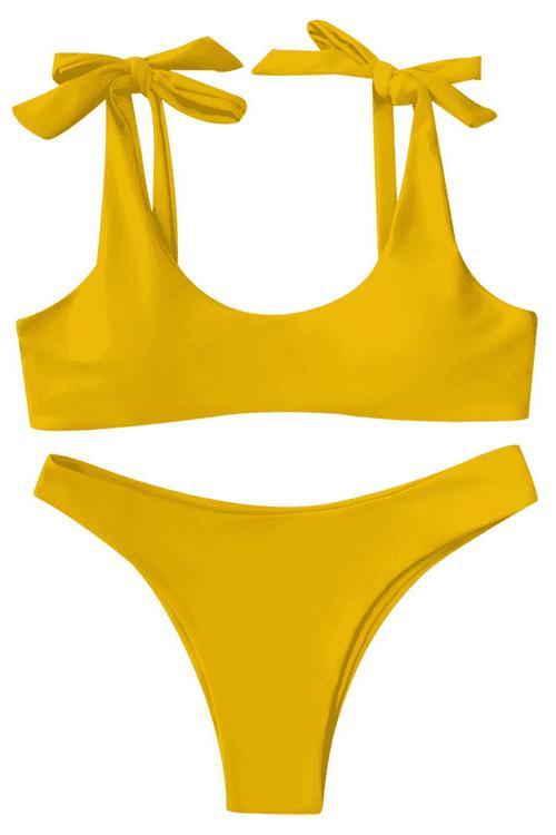 Yellow Scoop Tie Shoulder High Cut Cheeky Sexy Bikini Bathing Suit