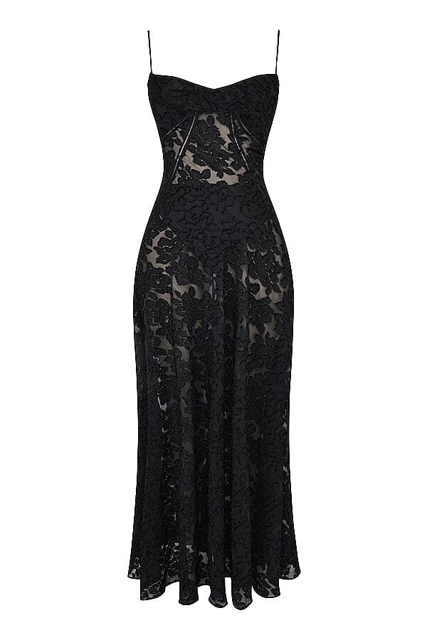 Floral Jacquard Spaghetti Strap Lace Up Corset Back Fit and Flare Maxi Dress 11