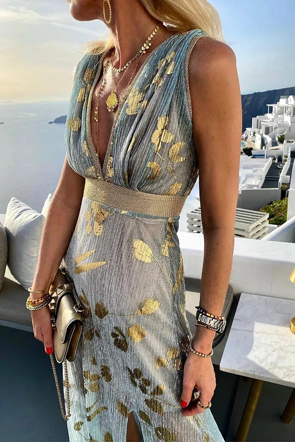 Distressed Metallic Foil Print Deep V-Neck Empire Waist Sleeveless Maxi Dress 7