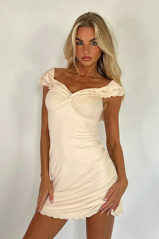 Off-Shoulder Sweetheart Twist Knot Lettuce Hem Bodycon Mini Dress