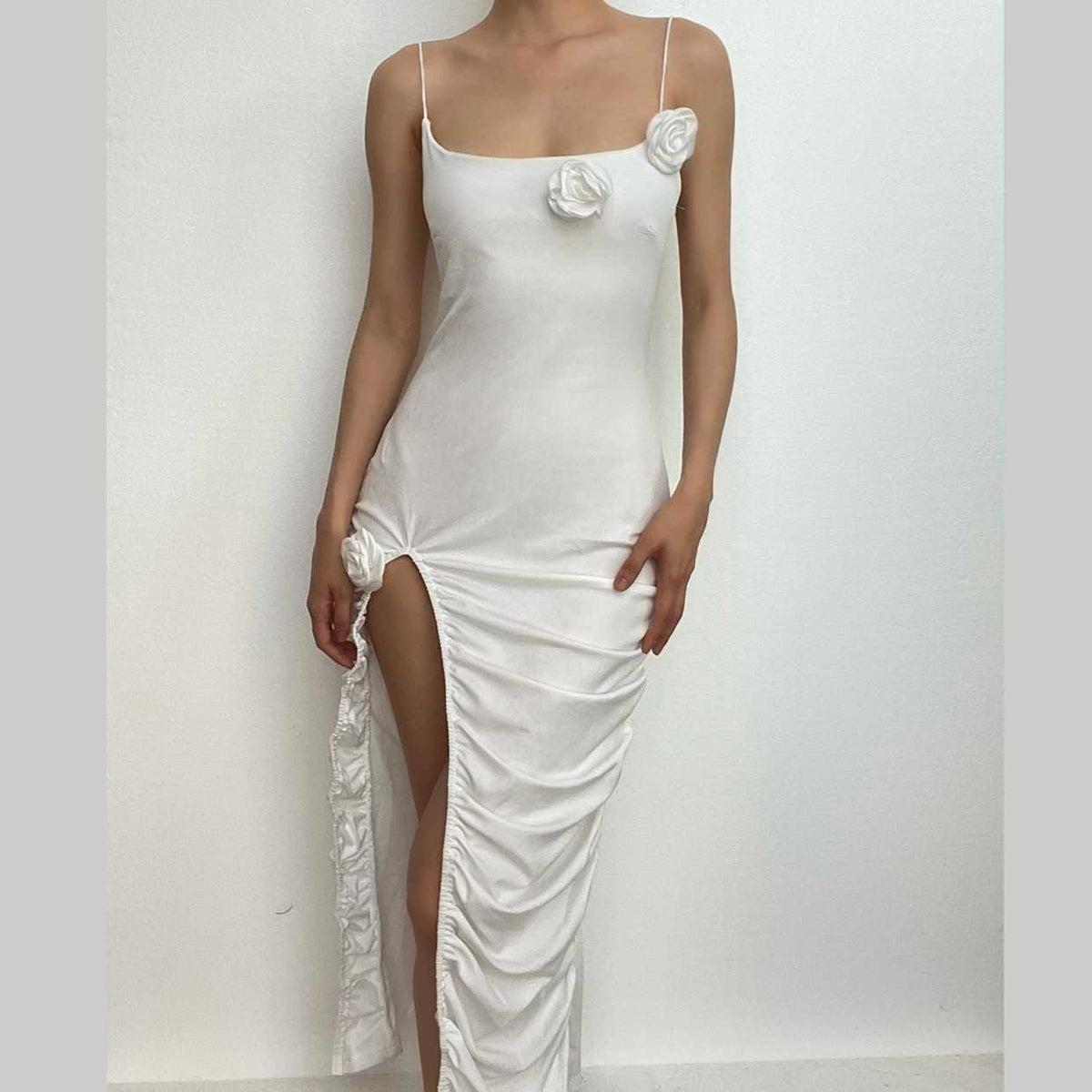 Ruched Flower Applique Side Slit Ruffled Backless Midi Dress