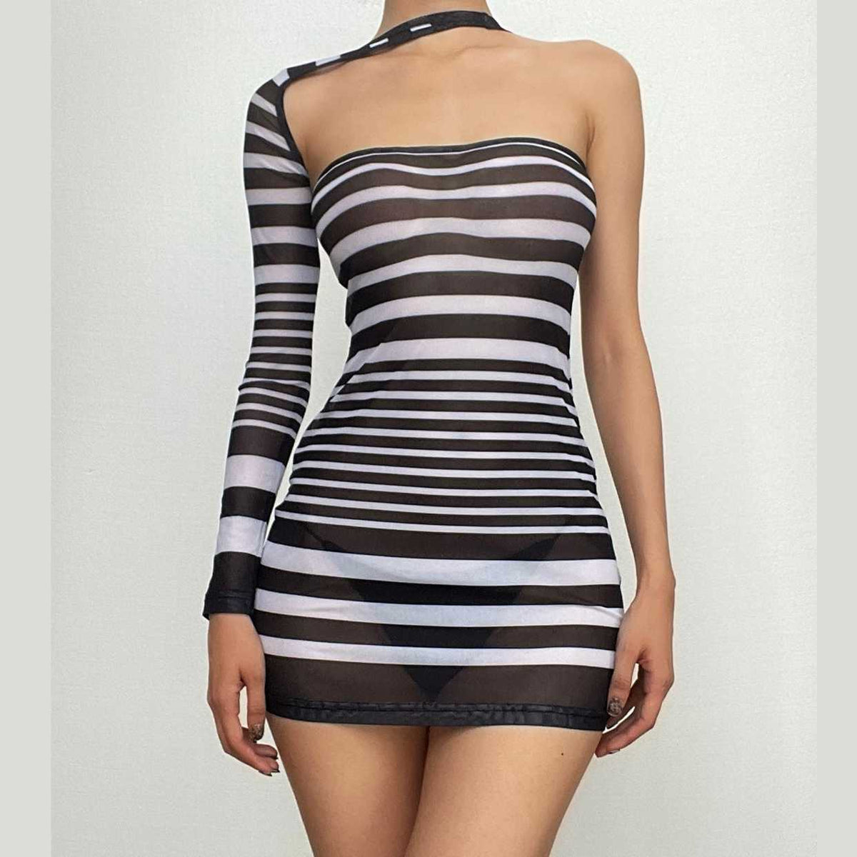 One-Shoulder Long Sleeve Choker Cutout Striped Sheer Mesh Bodycon Mini Dress