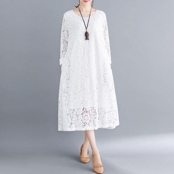 Round Neck Three Quarter Sleeve Floral Lace Overlay Shift Midi Dress 5