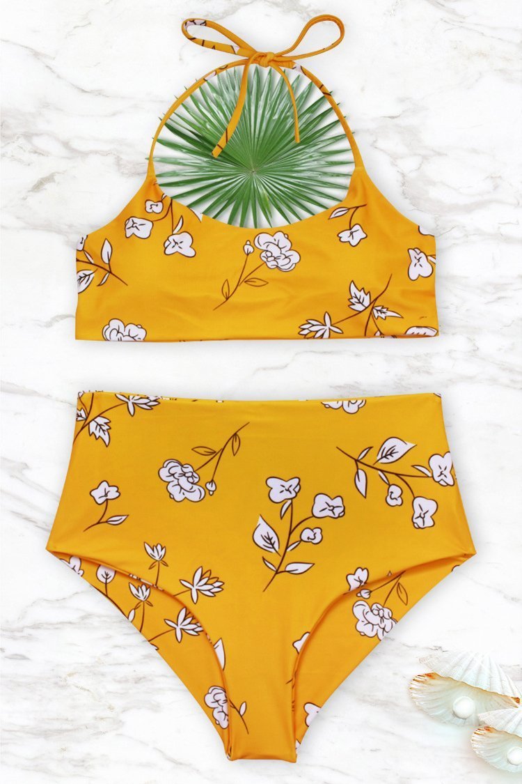 Yellow Slimming Control Floral Print Halter High Waisted Sexy Bikini Swimsuit