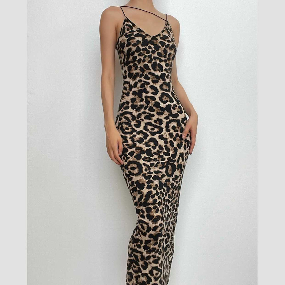 Print Contrast Spaghetti Strap U Neck Backless Midi Dress